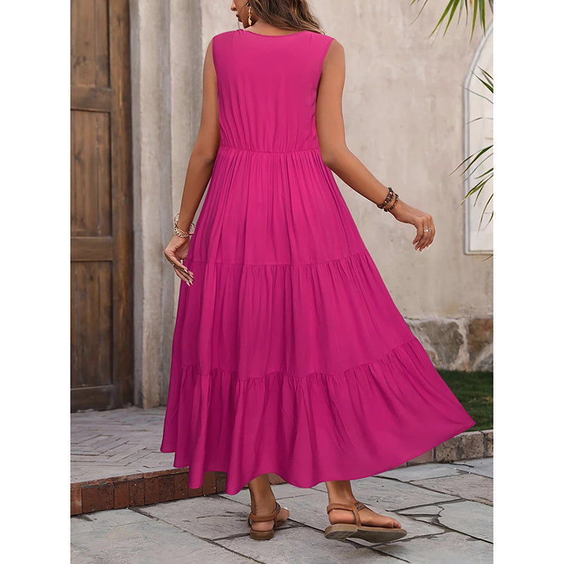 Women's Summer Casual Sleeveless V Neck Swing Dress Flowy Tiered Maxi Beach Dress