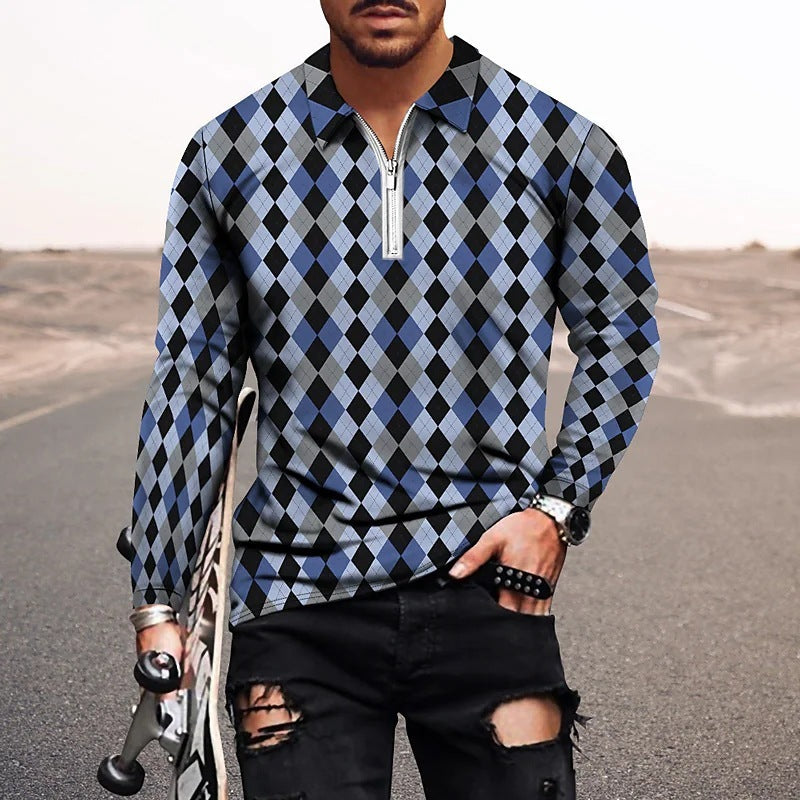 Vintage Printed Men's Zippered POLO Shirt