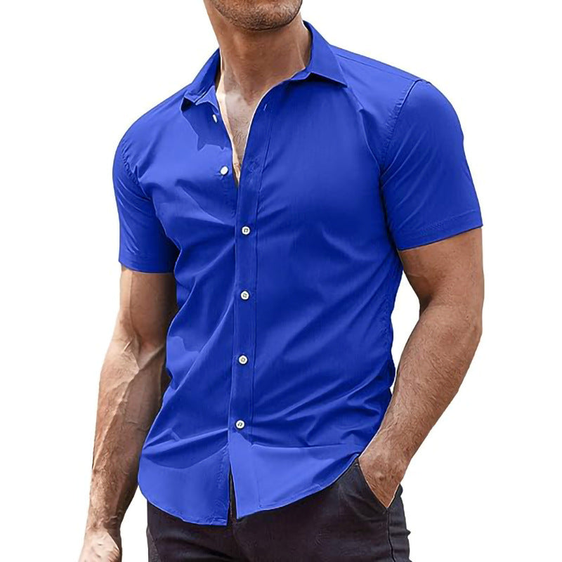 Summer Men's Solid Color Sports Casual Cardigan Business Casual Shirt Short Sleeve Lapel Shirt