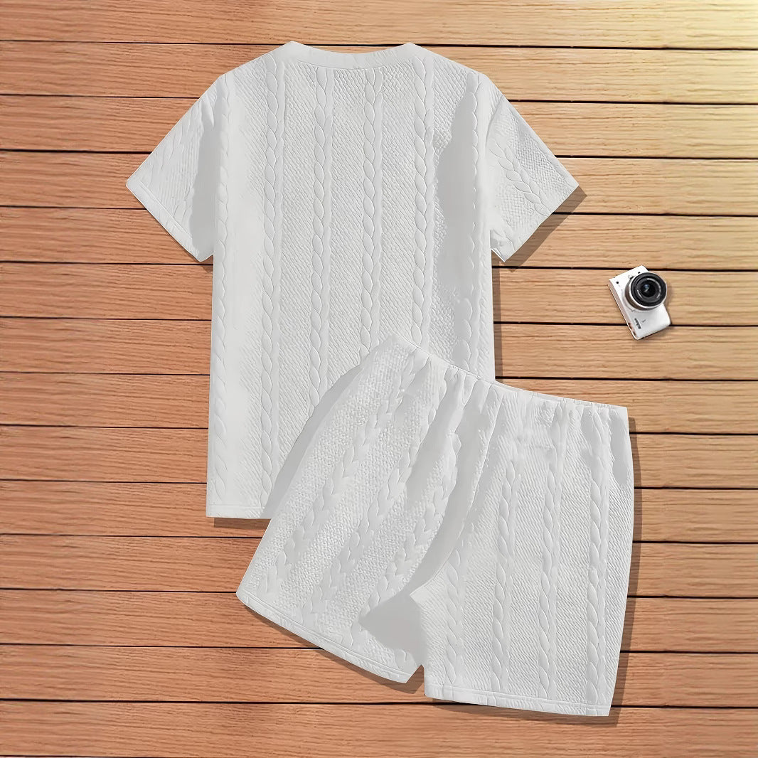Men's Solid Color Patch Design Rib Short Sleeve Two-piece Set
