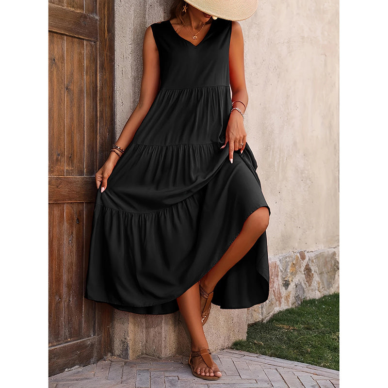 Women's Summer Casual Sleeveless V Neck Swing Dress Flowy Tiered Maxi Beach Dress