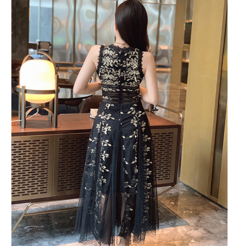 Mesh Embroidered Waistband White Dress