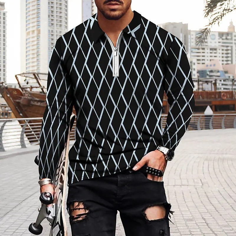 Vintage Printed Men's Zippered POLO Shirt