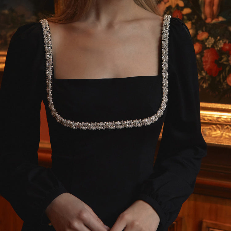 Diamond-encrusted Square Collar Long Sleeve Waist-tight Split Dress